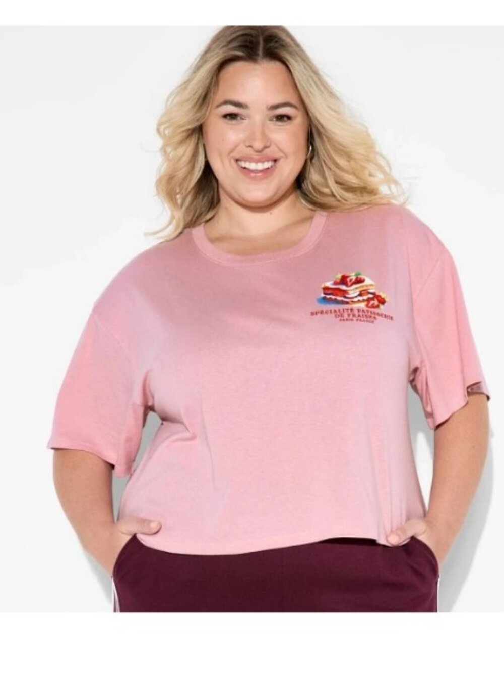 Women's Strawberry Dessert Boxy Cropped Graphic T-Shirt Rose Pink  3X